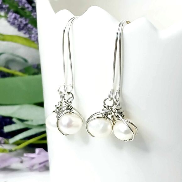 Freshwater Pearl Beaded Dangle Drop Earrings, Wire Wrapped Boho Chic Statement - Picture 3 of 4